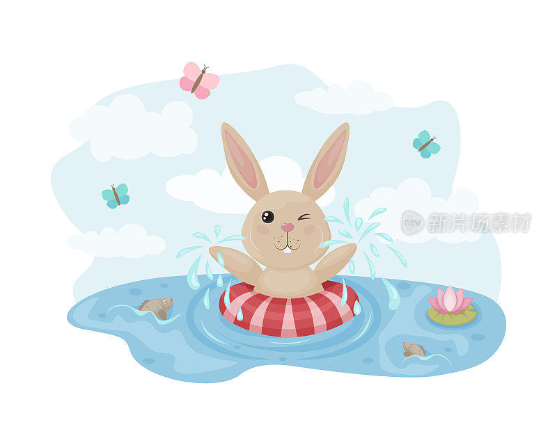 一只兔子在湖里游泳。夏日插图与兔子沐浴的形象。可爱的兔子与充气圈的背景飞翔的蝴蝶。矢量图