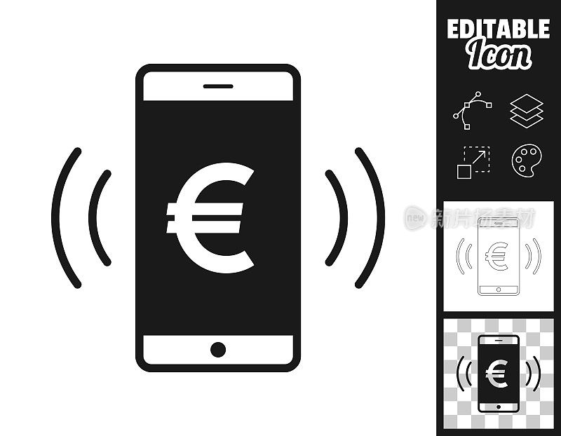 智能手机响，有欧元标志。图标设计。轻松地编辑