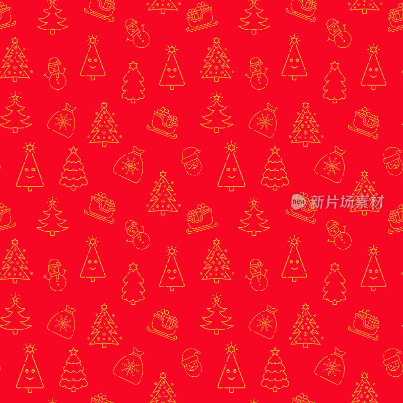 圣诞无缝图案的红色背景与黄金元素。2023年用于奢侈品礼品包装纸、t恤、贺卡的美丽图案。冷杉树、黑橡树、圣诞老人、雪橇等。