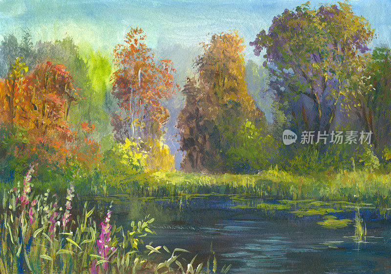 秋日的河流，阳光灿烂的森林，绘画