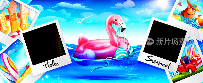 卡通风格的海滩度假概念。充气粉红色火烈鸟与比基尼在水中和快速打印照片与照片的空白空间。