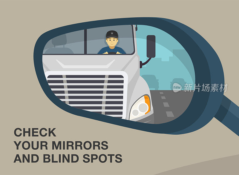 近距离的车辆翼镜。一辆卡车在汽车后视镜中的反射。