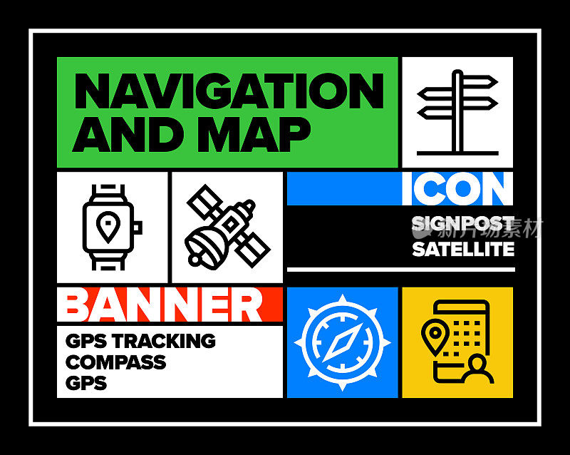 导航和地图线图标集和横幅设计