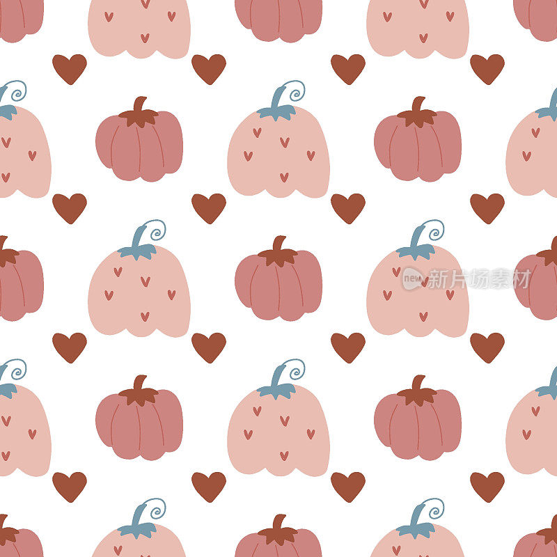 粉色南瓜与心形矢量图案。秋日农家乐天衣无缝的背景。感恩节的南瓜