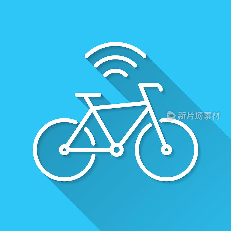 连接的自行车。图标在蓝色背景-平面设计与长阴影