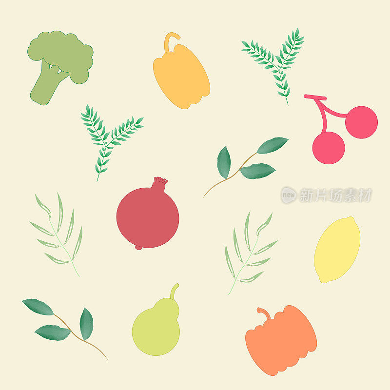 食物，蔬菜和水果。矢量插图:菜肴，西兰花，南瓜，梨，樱桃，柠檬，石榴，辣椒，亚洲食物，拉丁美洲食物