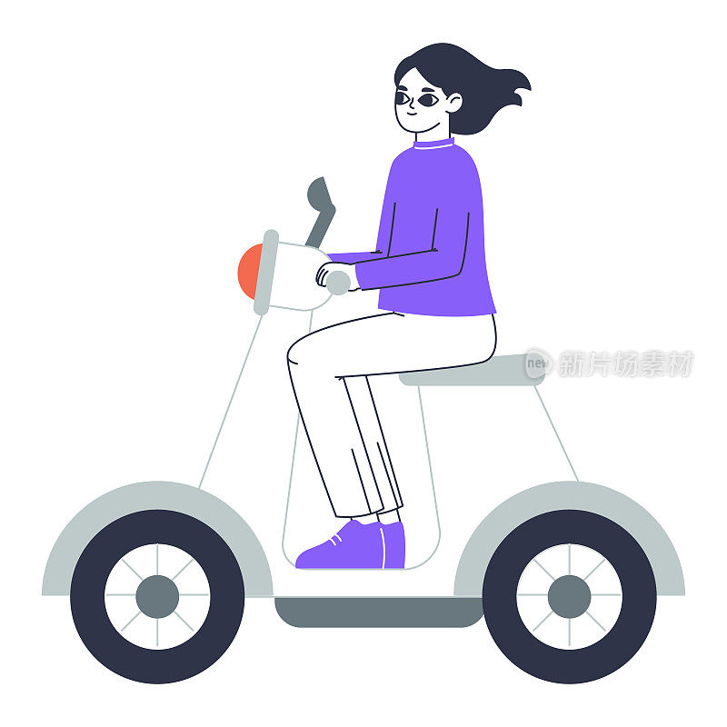 骑摩托车的女人。女性角色踏板车，生态友好的交通工具平面矢量插图在白色背景