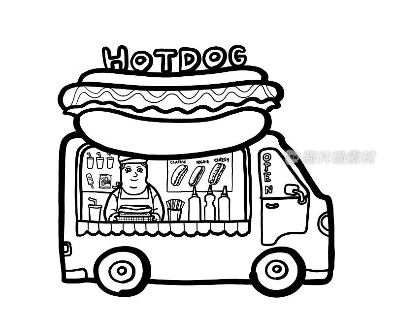 街头小吃车的热狗。插图漫画。黑色和白色。