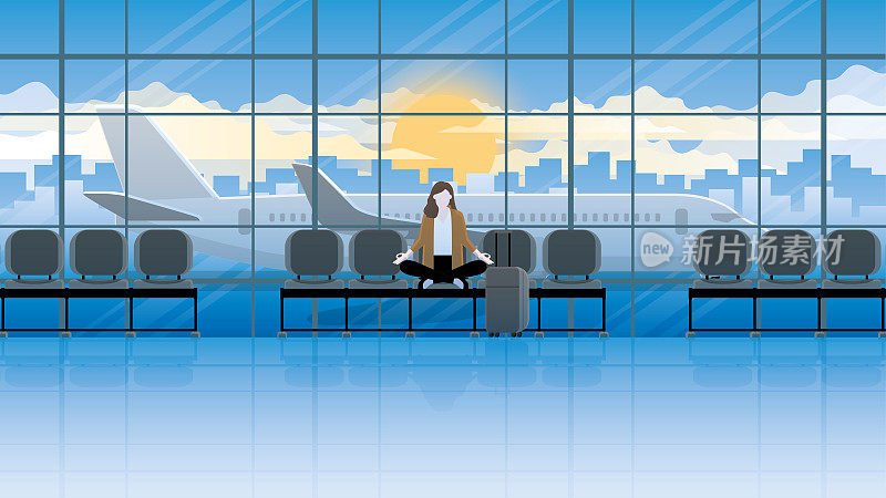 一位冷静的女商人独自坐在国际机场候机楼等待航班。想出商业点子，解决问题，缓解压力，专注，呼吸，放松。