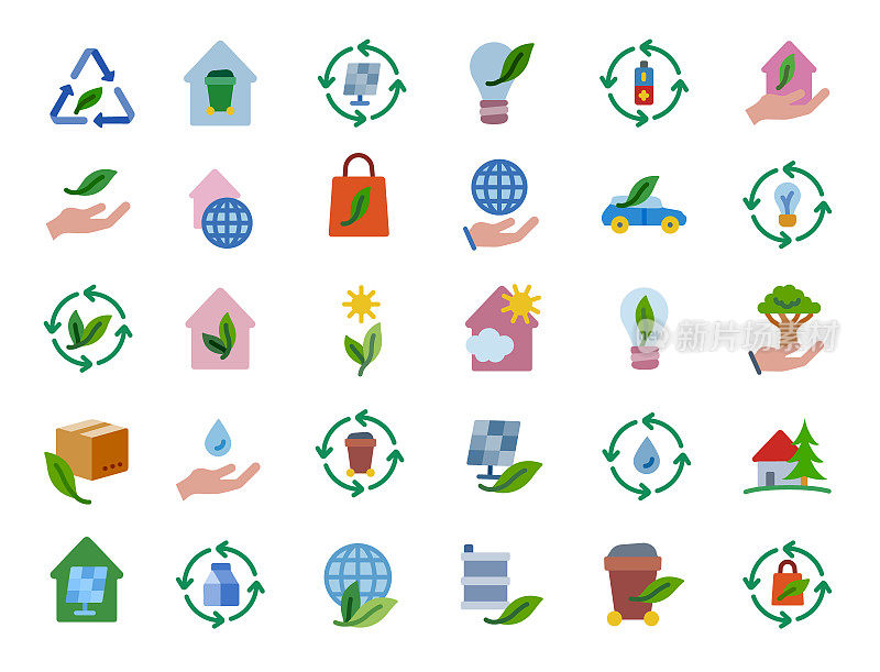 可持续生活方式平面图标集