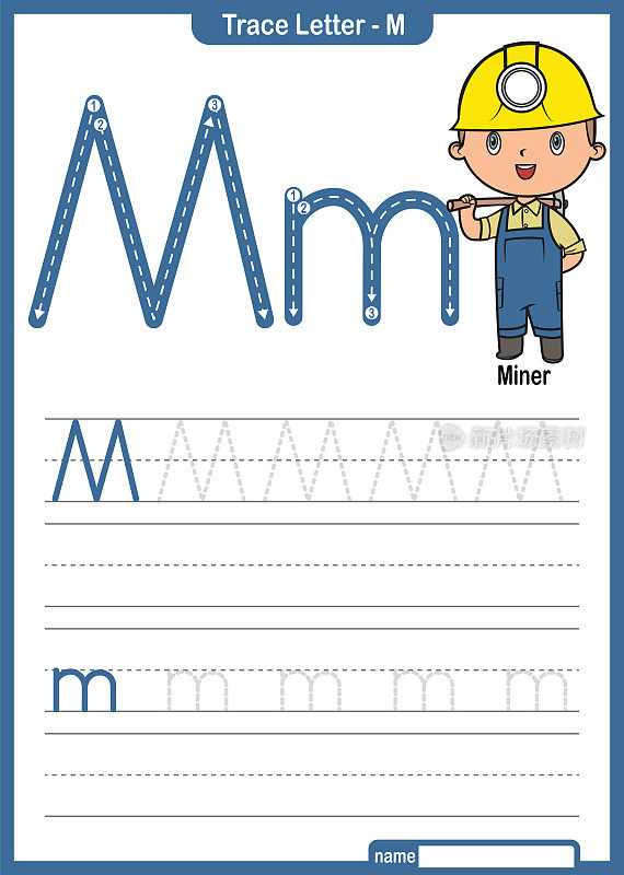 字母跟踪字母A到Z学龄前工作表与字母M矿工Pro矢量