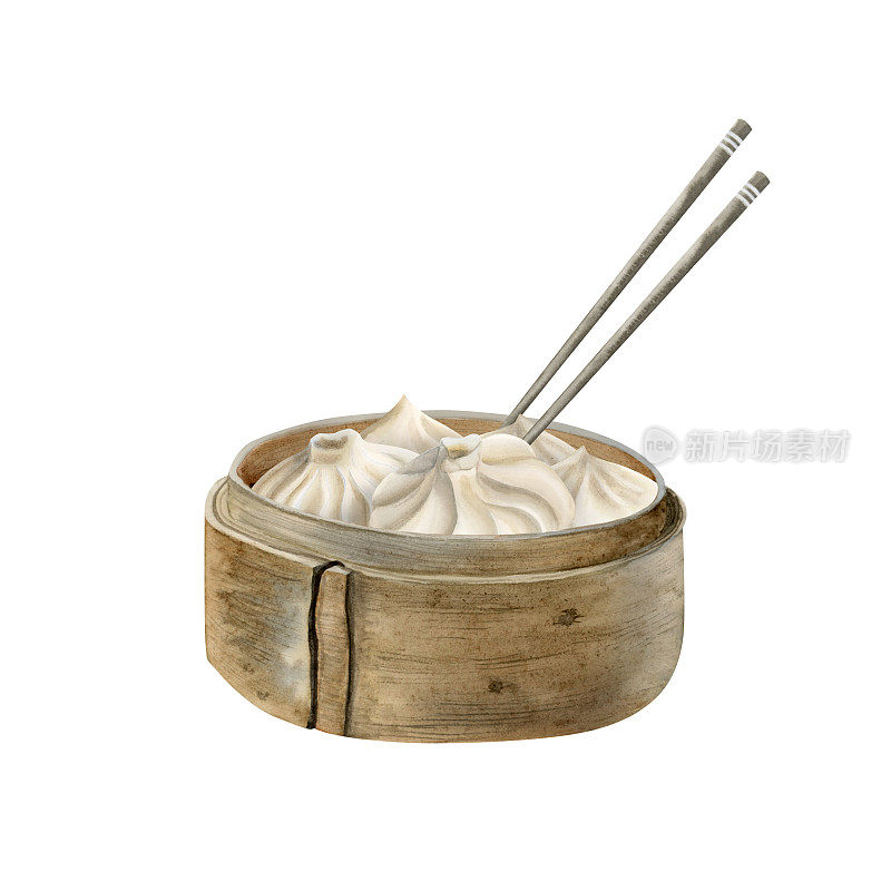 白底木笼水彩中式点心。传统的亚洲食物，用筷子夹饺子