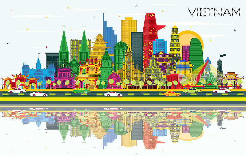 越南城市天际线与彩色建筑，蓝天和倒影。矢量插图。旅游概念与历史建筑。