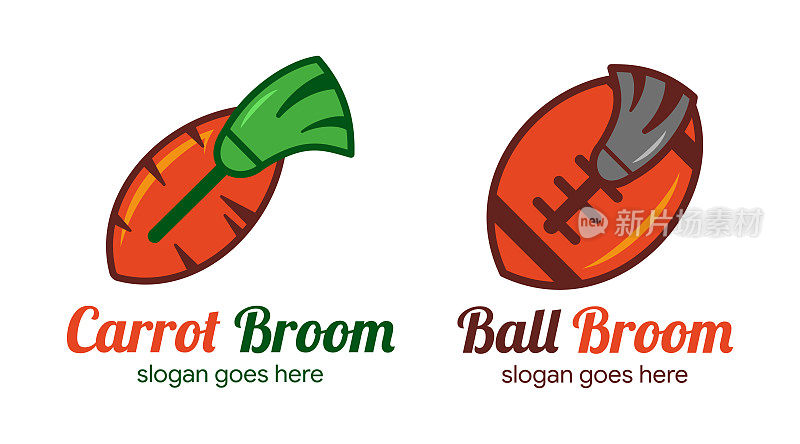 清洁标志与胡萝卜、扫帚和美式橄榄球球组合在一起