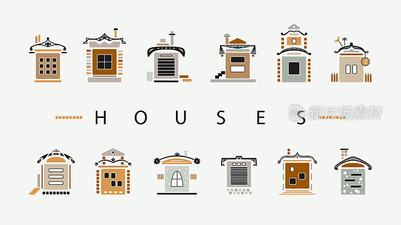 各种可爱的小房子图标集。采购产品卡通城镇房屋，城市建筑，郊区住宅。不同立面建筑。北欧风格。矢量图