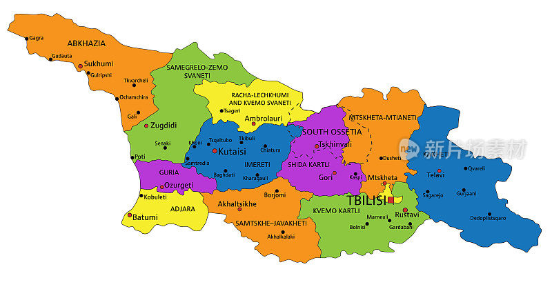 彩色格鲁吉亚政治地图与明确标记，分开的层次。矢量插图。