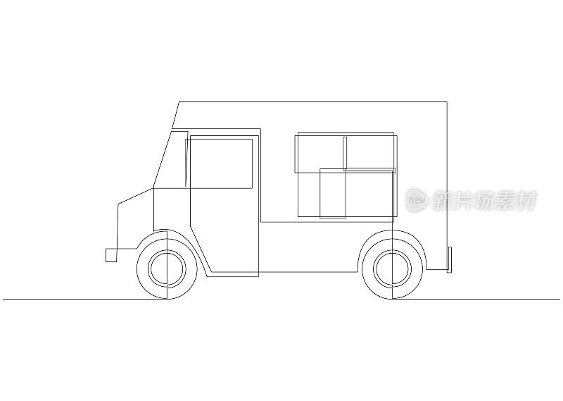 一条连续的线画着餐车。复古面包车快餐移动咖啡馆店的概念。现代单线设计图形。矢量插图。