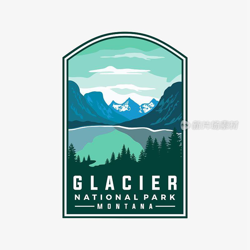 冰川国家公园矢量模板。蒙大拿州地标图形插图徽章徽章补丁风格。