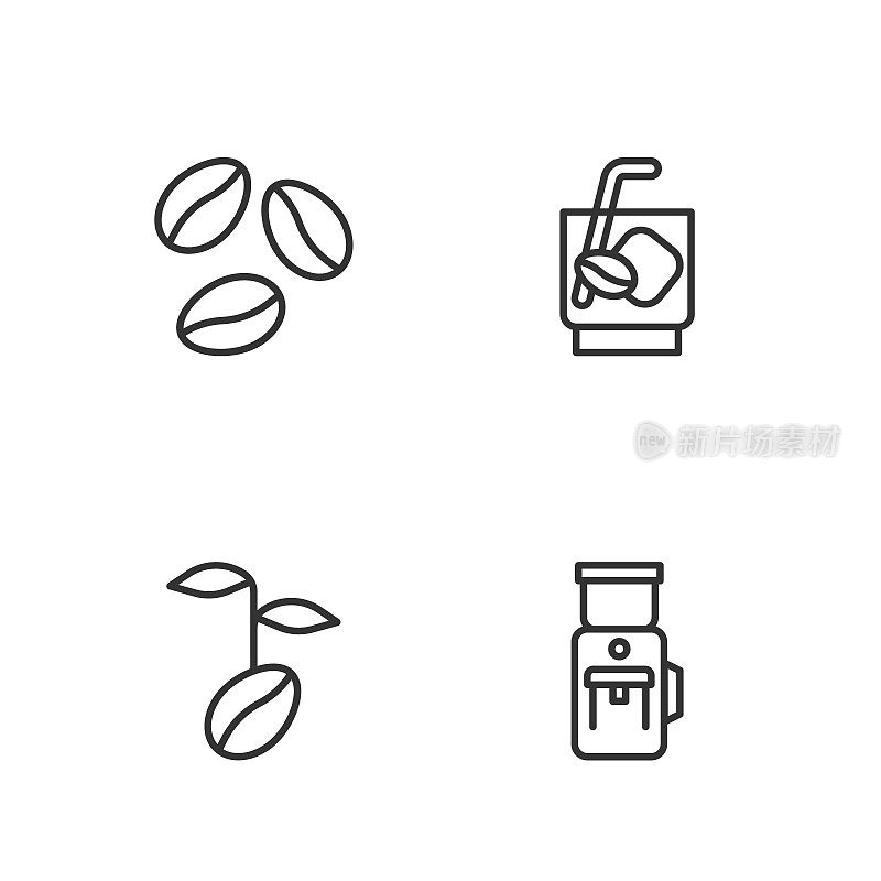 集线电动咖啡研磨机，咖啡豆，和意式浓缩汤力图标。向量