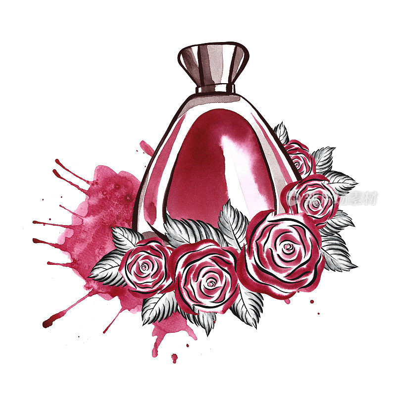 香水瓶和玫瑰在一个水彩染洋红色的背景。手绘插图。适用于化妆品、请柬和名片的设计、标签、包装印刷。