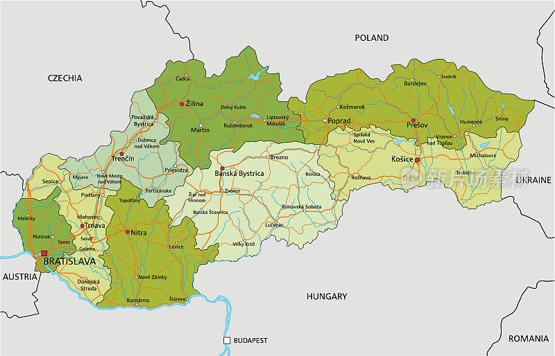 高度详细的可编辑的政治地图与分离的层。斯洛伐克。