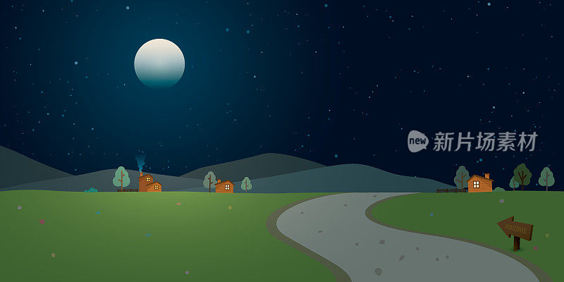 当地道路穿过村庄到山上，在夜间的乡村景观与满月和许多星星在天空矢量插图。