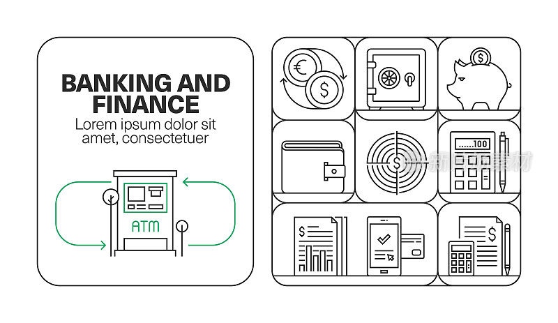 银行和金融横幅线图标集设计