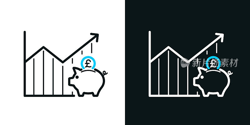 增加的英镑储蓄图表。黑色或白色背景上的双色线条图标-可编辑笔触