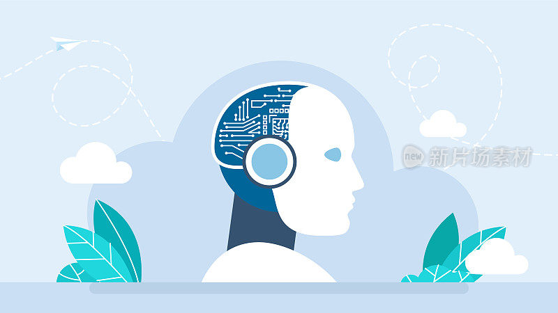 人工智能或AI。机器人。未来电子头。虚拟智能大脑。人形头部的人工智能。拥有数字大脑的人工智能。网络思维的面貌。插图