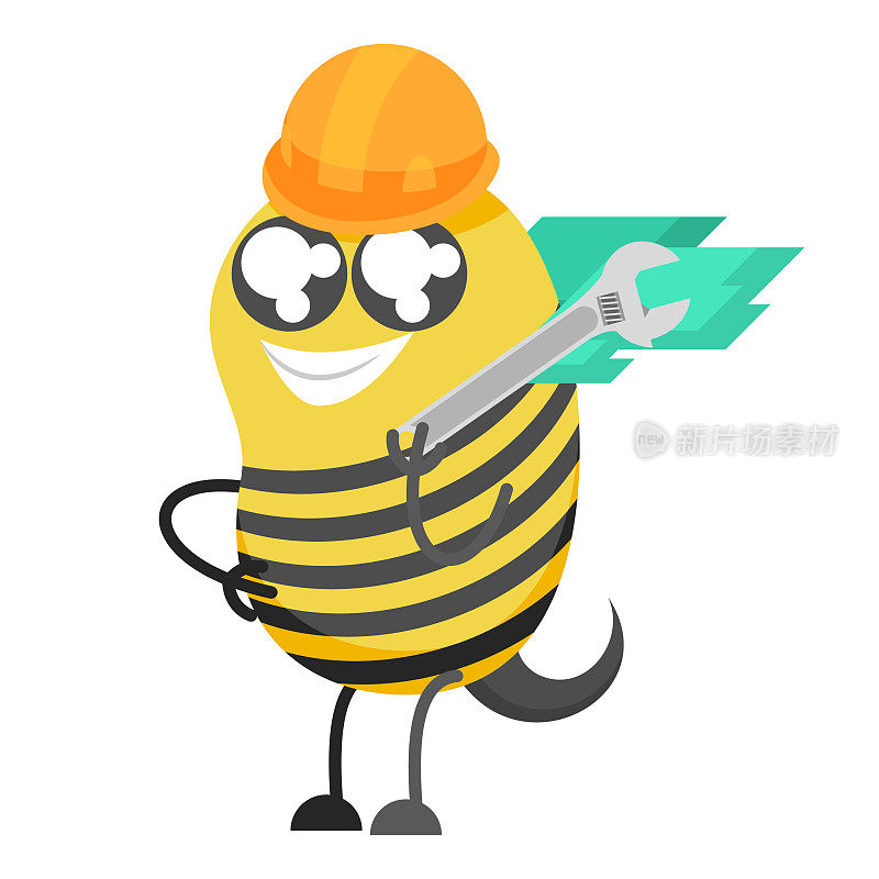 平面卡通动物昆虫甲虫蜜蜂建设者与扳手在飞天扫帚飞蜜黄色动物矢量设计风格元素动物野生动物
