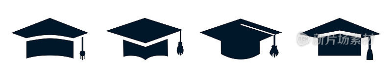 学术毕业帽集图标，毕业帽标志-股票矢量