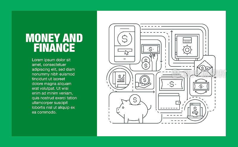 金钱和金融线图标集和横幅设计。设计是可编辑的，颜色可以改变。矢量创意图标集:省钱，现金支付，资本，支票簿，移动支付，货币兑换