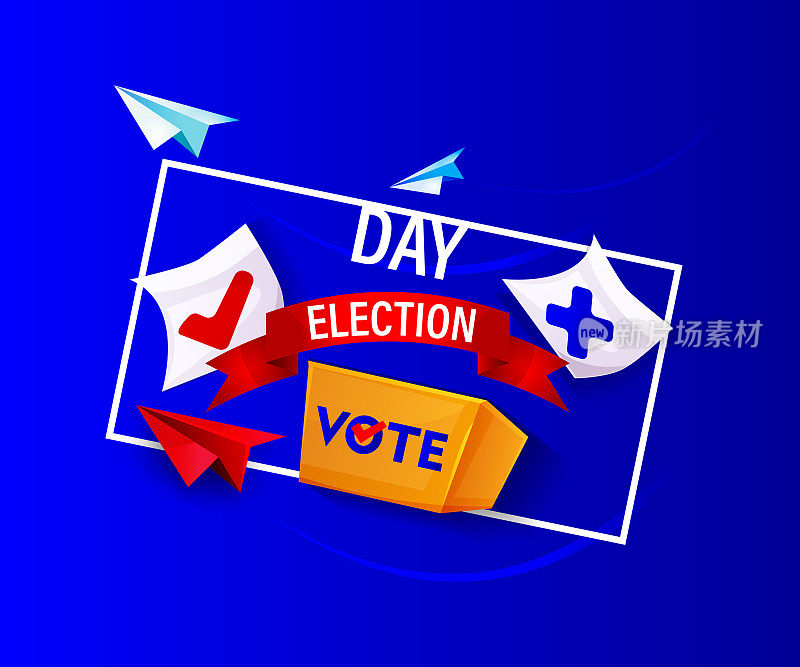 选举日，卡通风格的政治竞选活动。美国的投票，美国总统大选的辩论。装有精选选票和彩色背景纸飞机的投票箱。