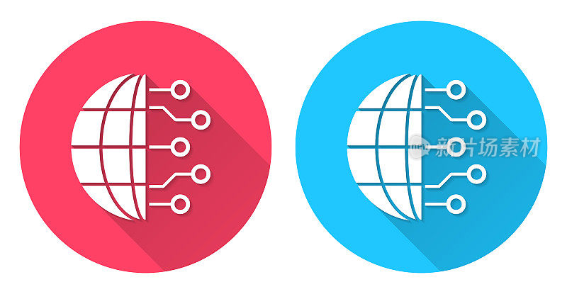 地球仪和电路板。圆形图标与长阴影在红色或蓝色的背景