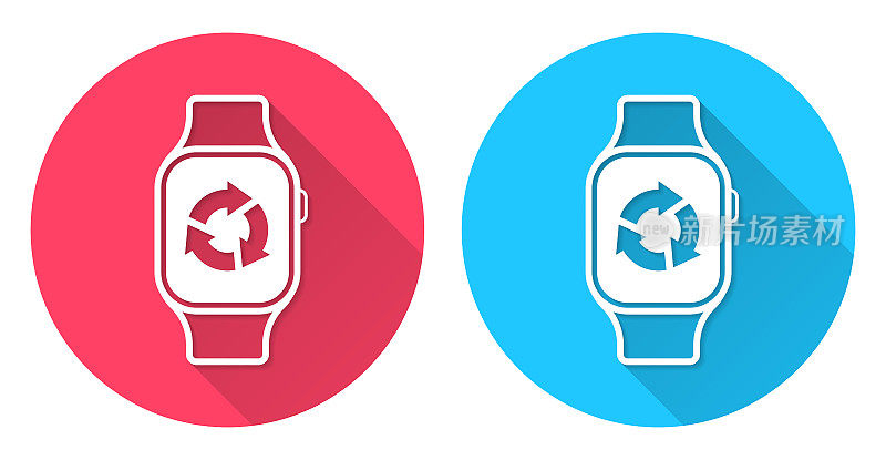 刷新或重新加载智能手表。圆形图标与长阴影在红色或蓝色的背景