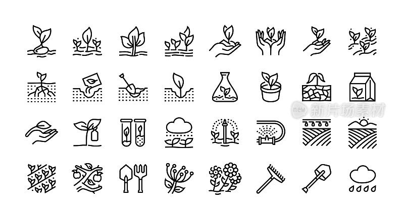 植物学线图标集。采购产品种植，农业，耕作，种子，栽培，收获。