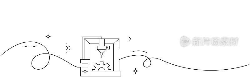 3D打印机图标的连续线条绘制。手绘符号矢量插图。