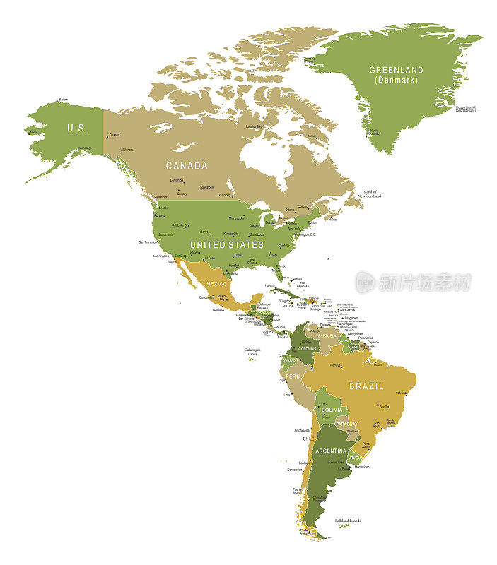 北美和南美地图。矢量彩色地图的北美和南美
