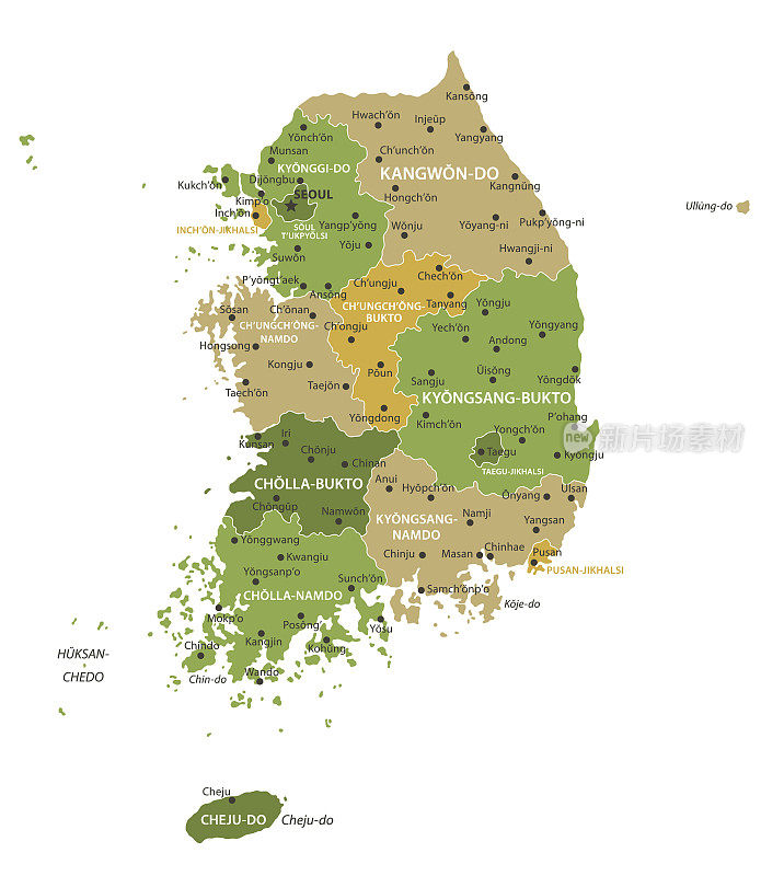 韩国地图。韩国矢量彩色地图