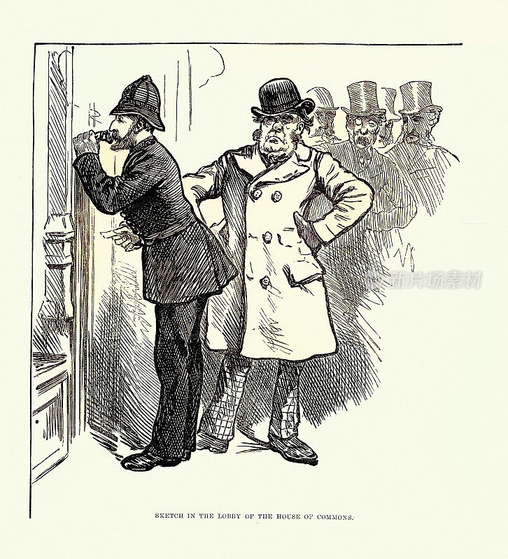 一名警察在下议院使用扩音器或喉管,英国,维多利亚时代的历史,1881年的复古插图