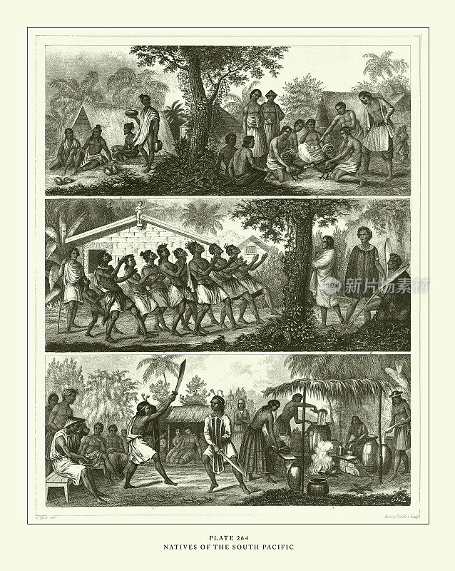 雕刻古董，南太平洋土著雕刻古董插图，1851年出版