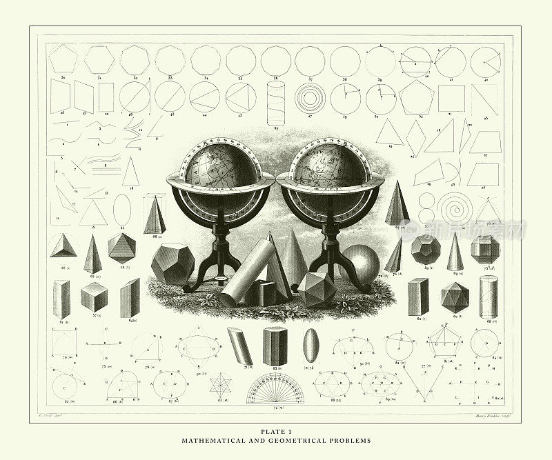 雕刻古董，数学和几何问题雕刻古董插图，出版于1851年