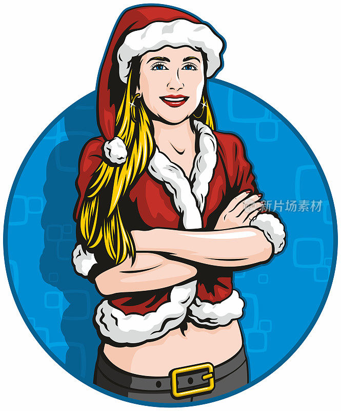 波普艺术插图的美丽女人在圣诞老人的衣服。