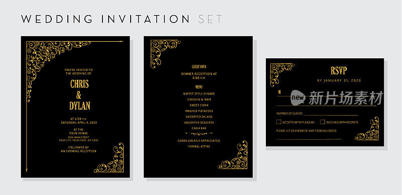 婚礼邀请设计模板与黄金和黑色的铁艺繁荣