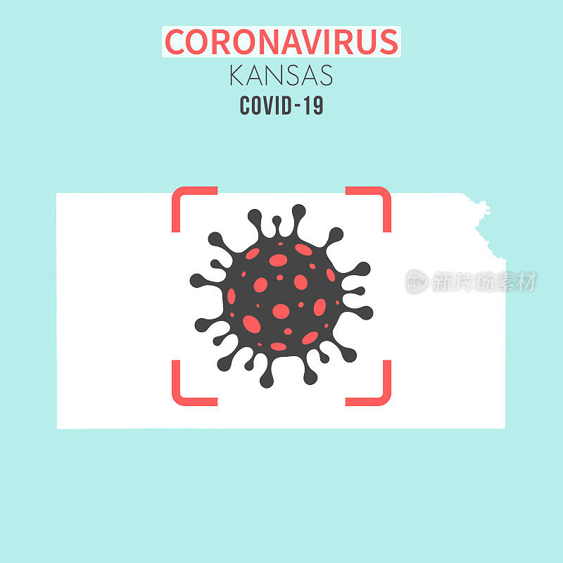堪萨斯州地图，红色取景器中有冠状病毒细胞(COVID-19)
