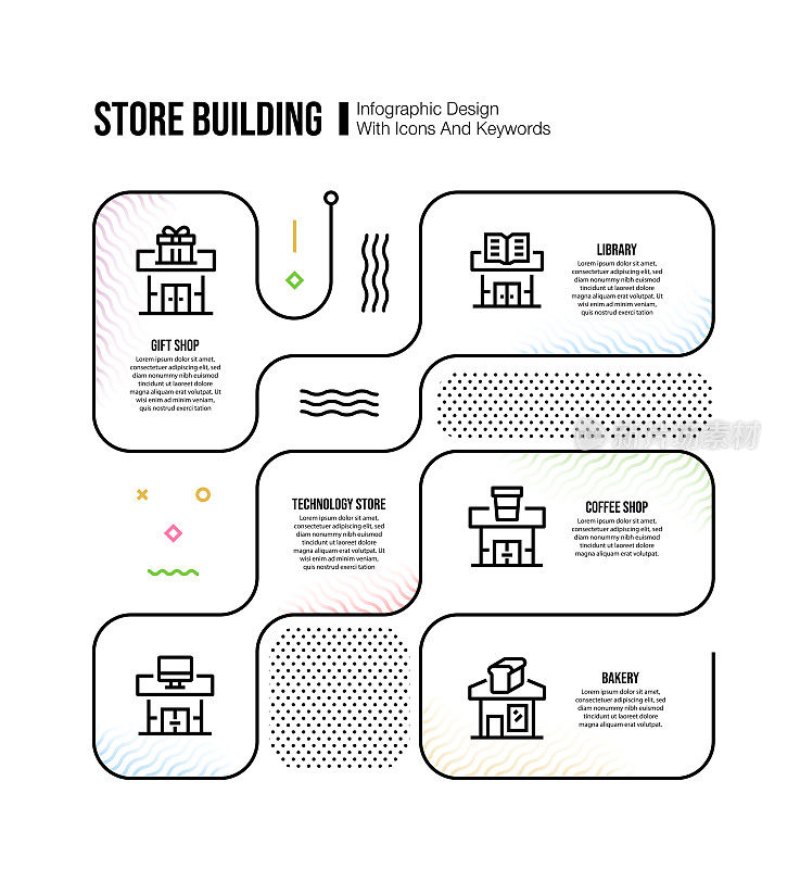 信息图设计模板与商店建筑的关键字和图标