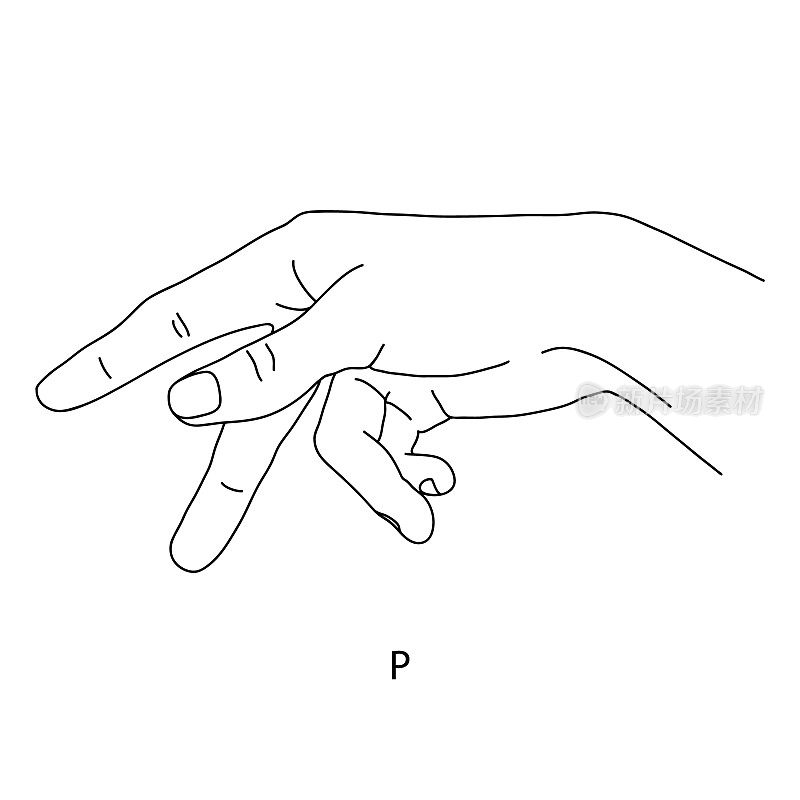 人的手的图画。P是手语字母表中的第16个字母。字母p黑色和白色的画一只手。聋哑的语言。矢量图