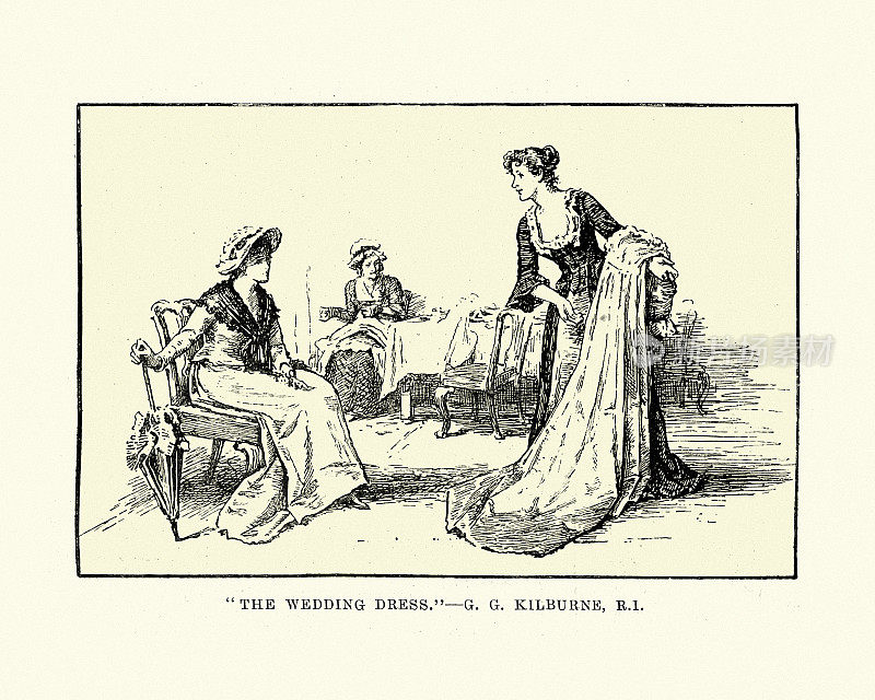 看着婚纱的年轻女子，维多利亚时代，19世纪
