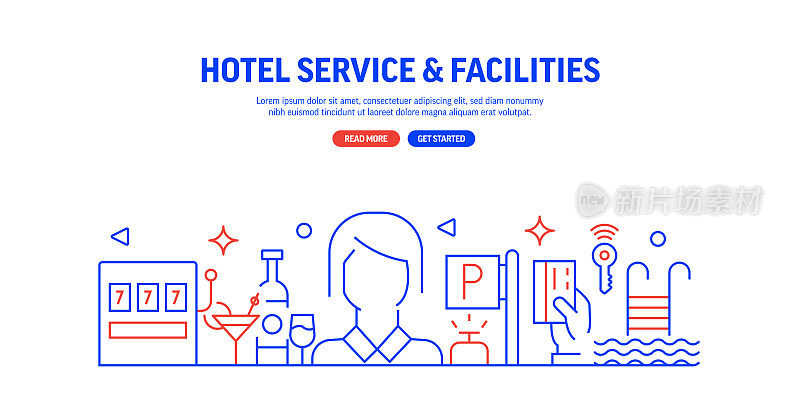 酒店服务和设施相关的网页横幅线条风格。现代线性设计矢量插图的网站横幅，网站标题等。