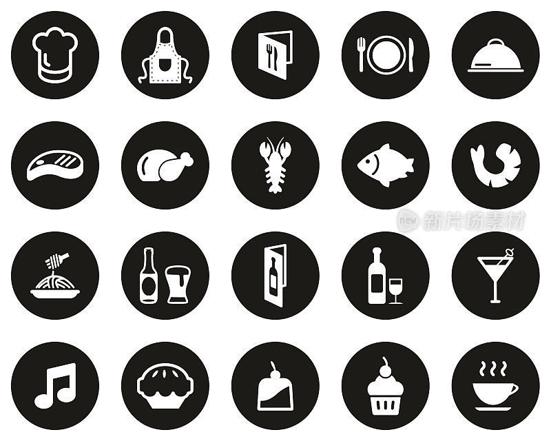 餐厅或晚餐图标白色在黑色平面设计圈设置大